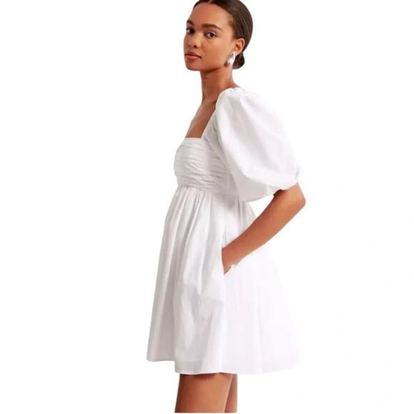 Abercrombie & Fitch Emerson Ruched Puff Sleeve Mini Dress White XSP - Picture 5 of 10